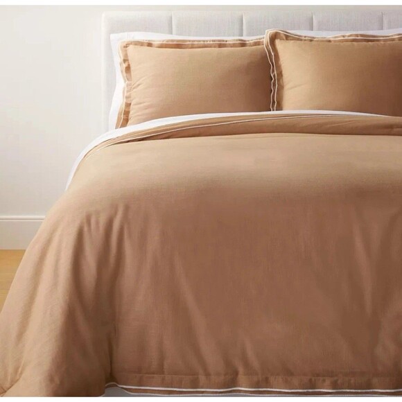 King Double Flange Merrow Stitch Duvet Cover & Sham Set Camel/Off-White NEW